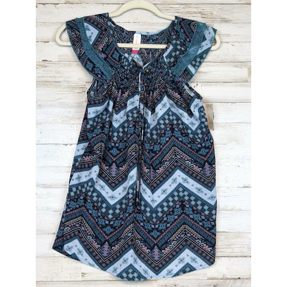 NWT No Boundaries Women's Juniors Teal Med. Smocked Peasant Cap Sleeve Boho